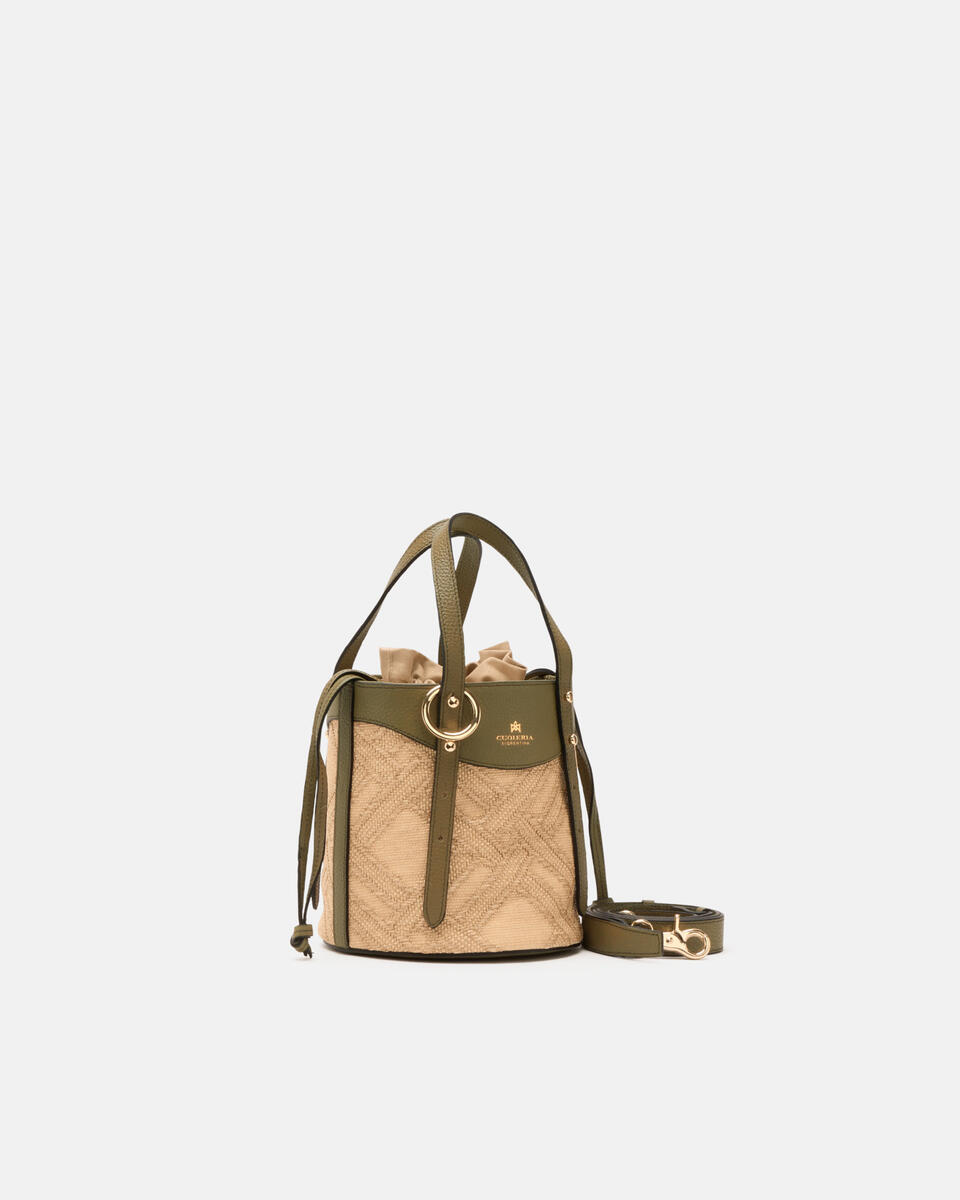 Amber Small bucket pelle e raffia Militare  - Tote Bag - Borse Donna - Borse - Cuoieria Fiorentina