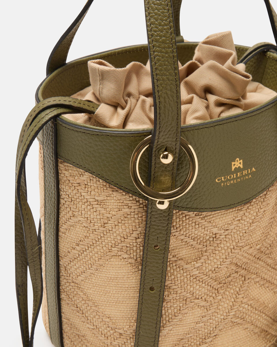 Amber Small bucket pelle e raffia Militare  - Tote Bag - Borse Donna - Borse - Cuoieria Fiorentina